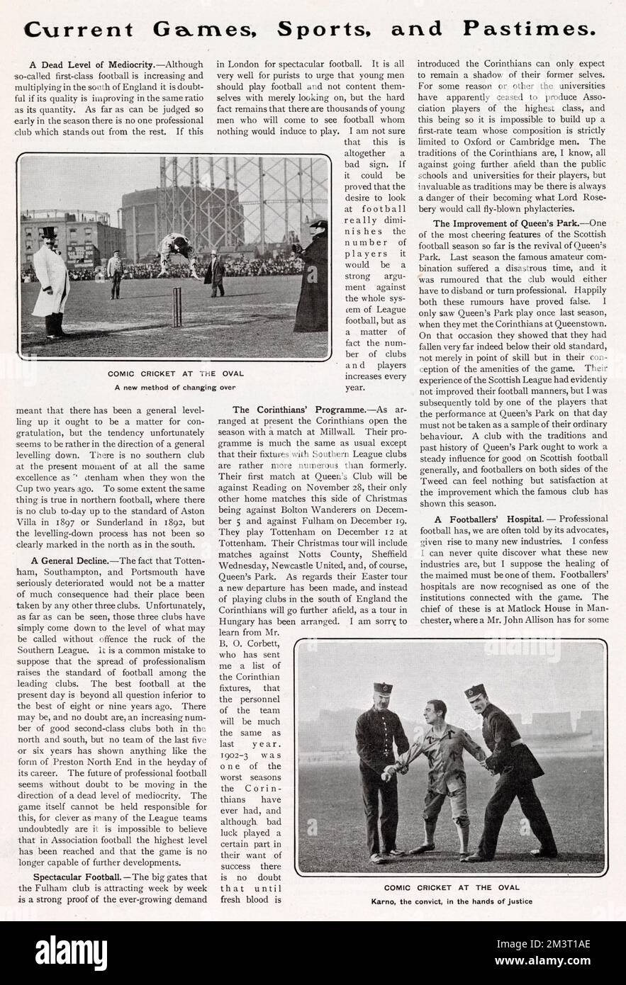 Page from The Tatler reporting on a comedy cricket match which took place at the Oval. Bottom right image shows Fred Karno, music hall star, being led away wearing a convict's costume as well as vaulting over the wicket. Stock Photo