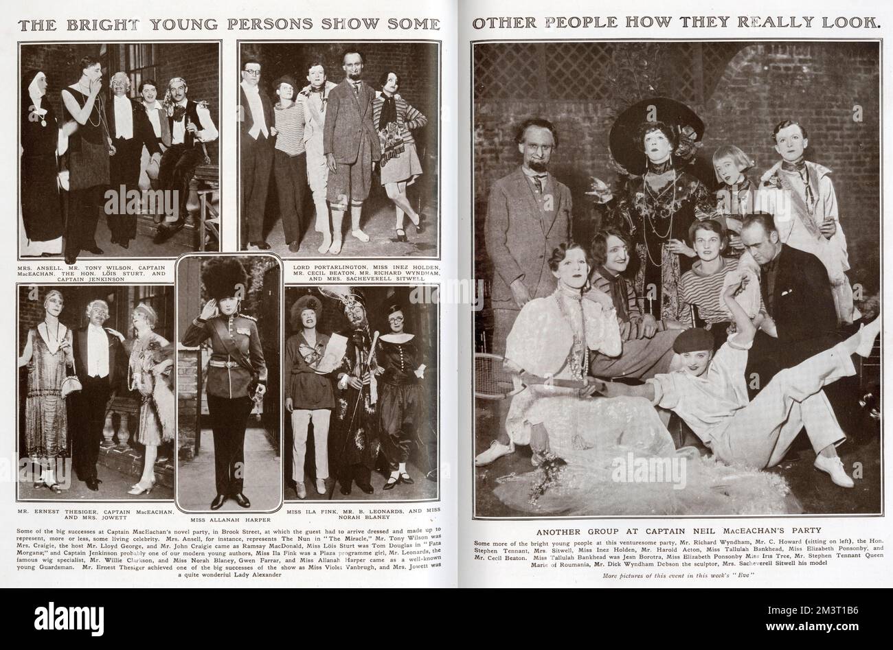 Double page spread from The Tatler, reporting on Captain Neil MacEachean's novel party held at Brook Street, where well-knowns dressed up as living celebrities. Among the guests are Cecil Beaton, Stephen Tennant, Elizabeth Ponsonby, Tallulah Bankhead and Norah Blaney. Stock Photo