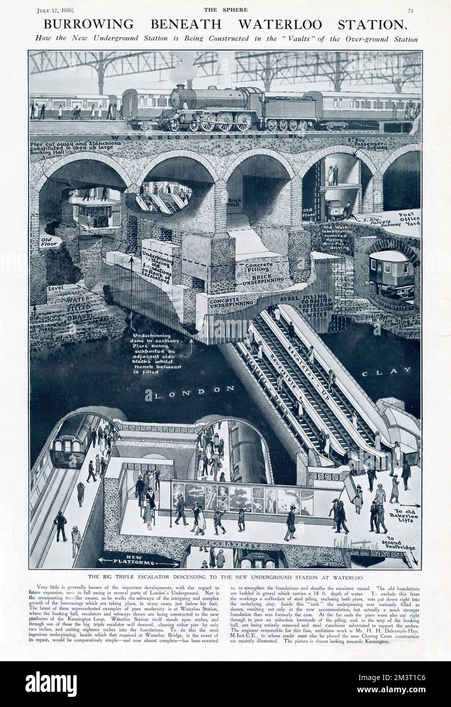 Cross section of Waterloo Overground and Underground Stations showing