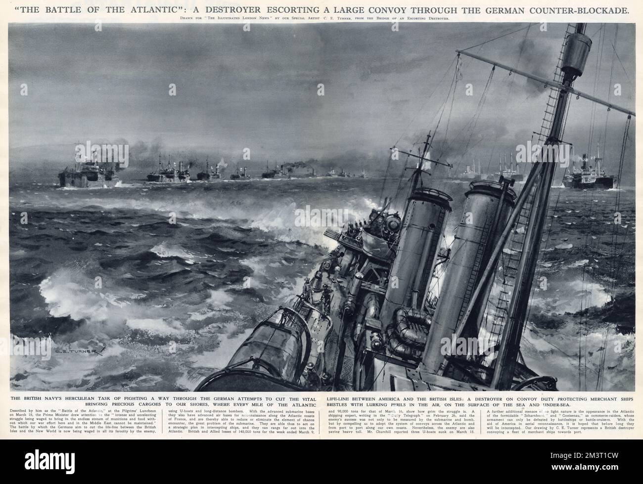 WW2 - A Royal Navy Destroyer escorting a large convoy through the German counter-blockade - 'The Battle of the Atlantic'.     Date: 1941 Stock Photo