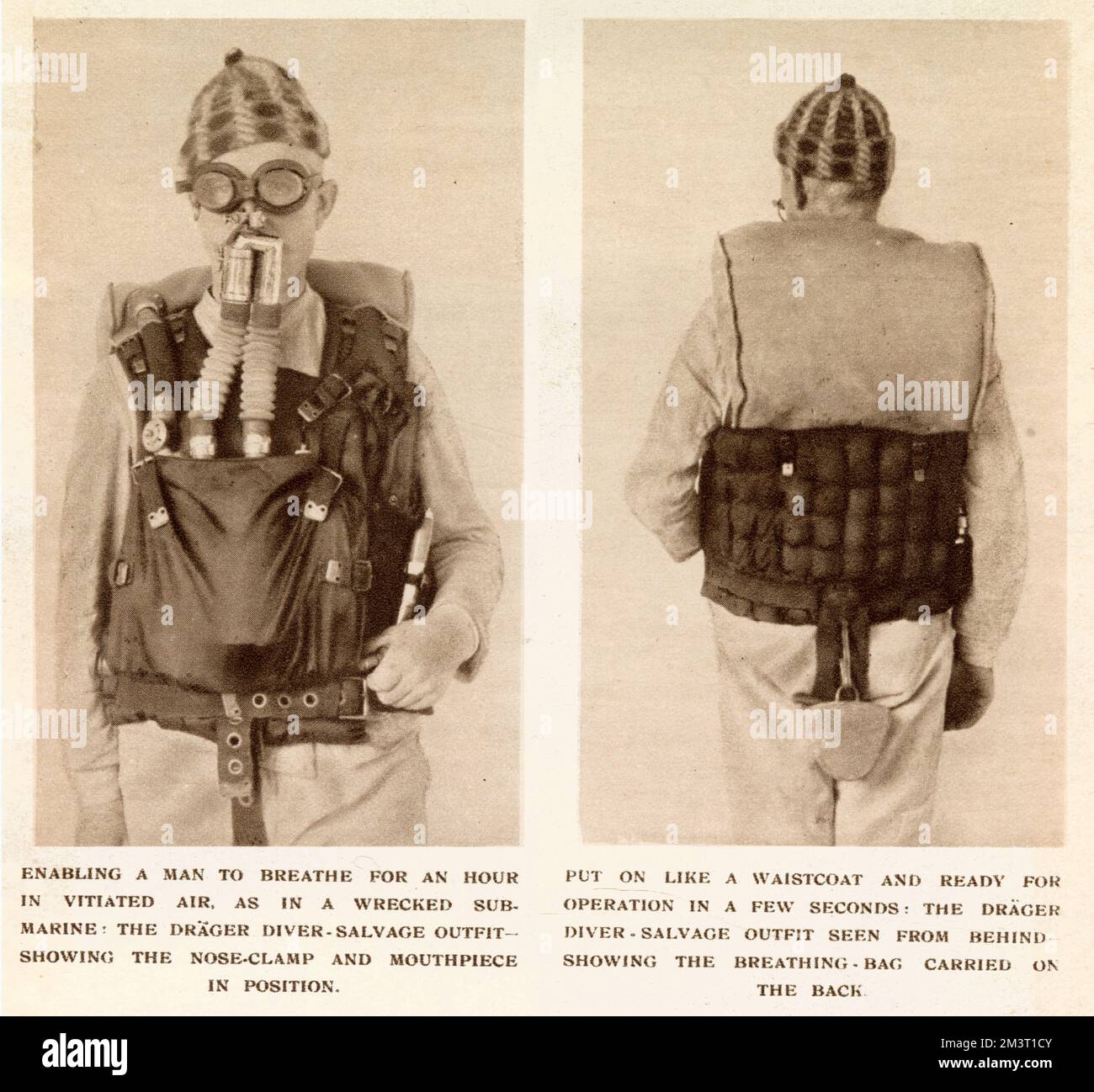 Photographs showing the front and back of a man wearing the latest breathing equipment to dive underwater, reaching a submarine of depths of about 200 feet, for about an hour. Stock Photo