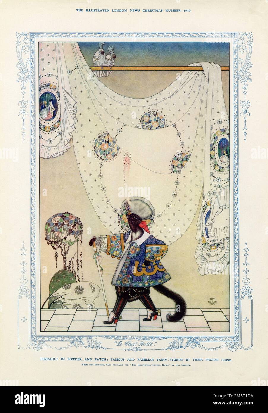 Perrault in Powder and Patch - Famous and Familiar fairy stories in their proper guise - The Master Cat or the Puss in Boots (Le Chat Botte) - from the painting by Kay Nielsen made specially for The Illustrated London News. Stock Photo