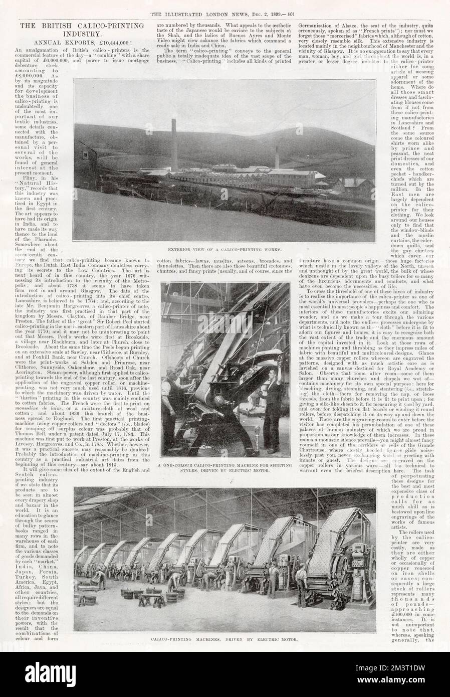 Page (1 of 2 - see picture no. 13140288) from The Illustrated London News reporting on the British calico-printing industry. Stock Photo