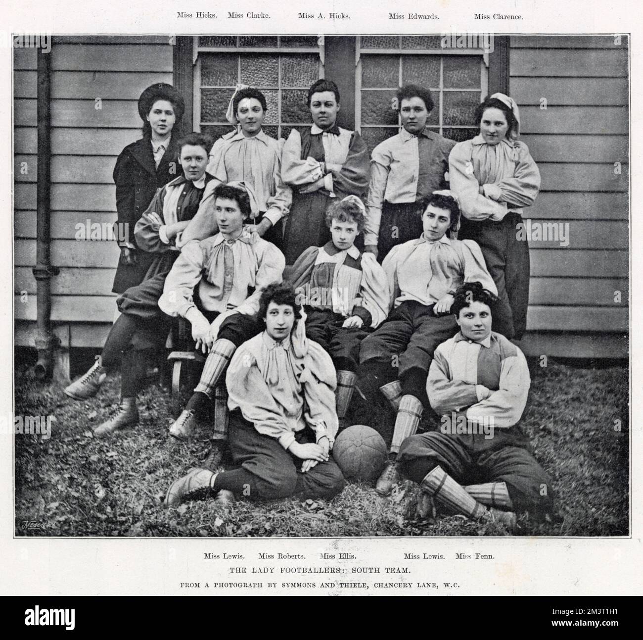 The determined-looking ladies of the 'South' football team who played the 'North' team at the in the opening match of the British Ladies' Football Club at Nightingale Lane ground at Crouch End in March 1895. The Sketch magazine was not terribly positive about their abilities and claimed the ten thousand spectators were only there to satisfy their curiosity. Stock Photo