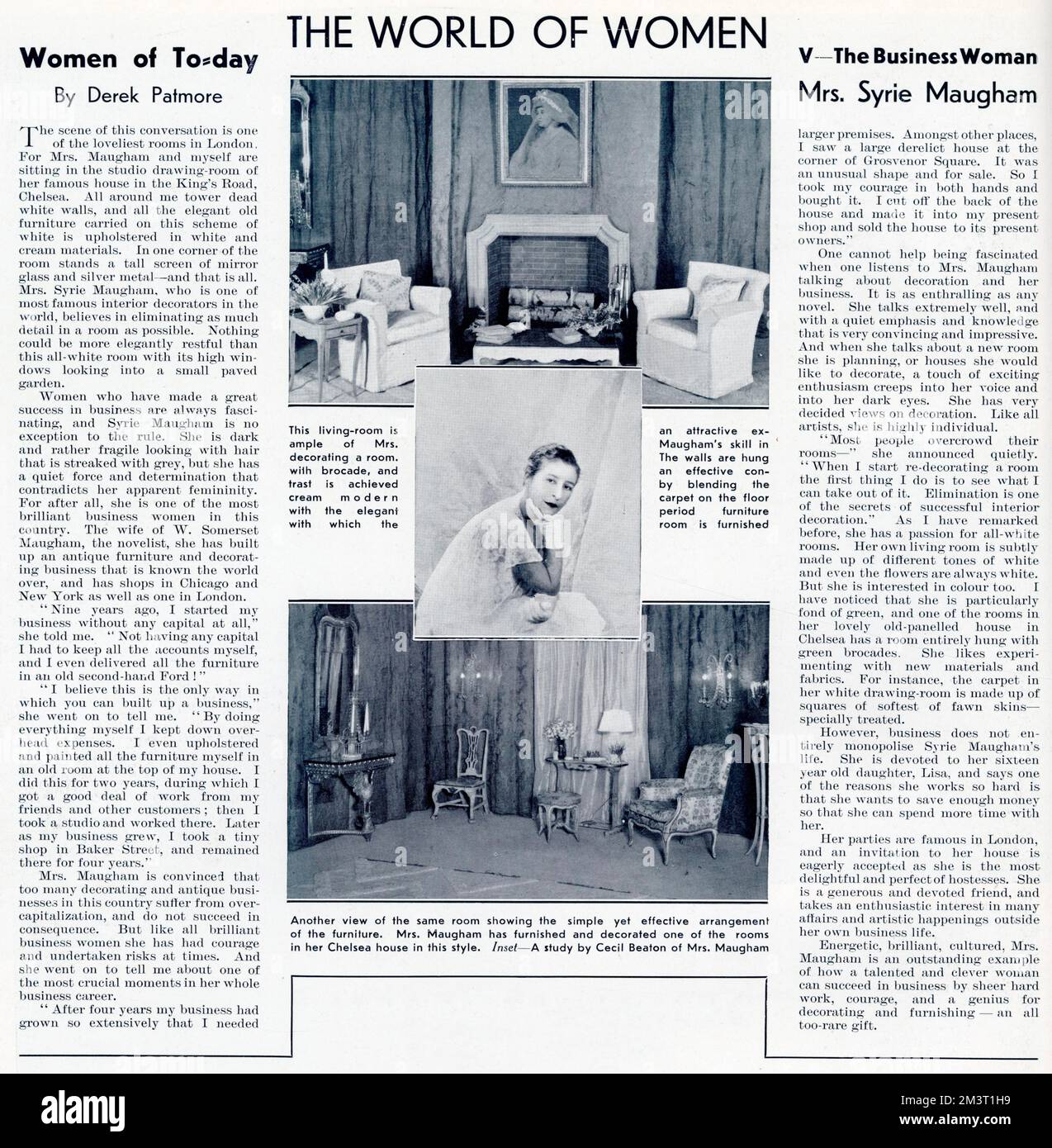 Article in The Sphere by Derek Patmore profiling interior designer Syrie Maugham, wife of the novelist W. Somerset Maugham. The feature is illustrated with a photograph of Syrie by Cecil Beaton and examples of her style of decor. She was renowned for creating elegant rooms dressed mainly in white.   1931 Stock Photo