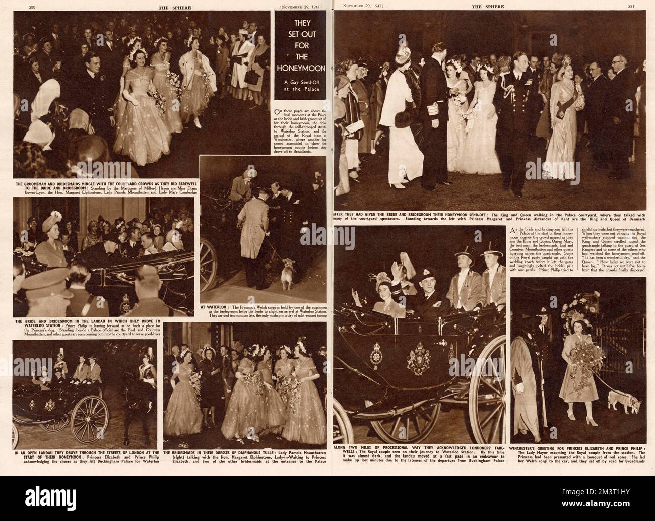 Page from The Sphere showing the newly married Princess Elizabeth and Duke of Edinburgh setting off from Buckingham Palace in a landau carriage for Waterloo Station from where they would depart on their honeymoon. Waving them off in the top photograph is the best man, the Marquess of Milford Haven, and four of the bridesmaids, Diana Bowes Lyon, Margaret Elphinstone, Pamela Mountbatten and Lady Mary Cambridge. Stock Photo