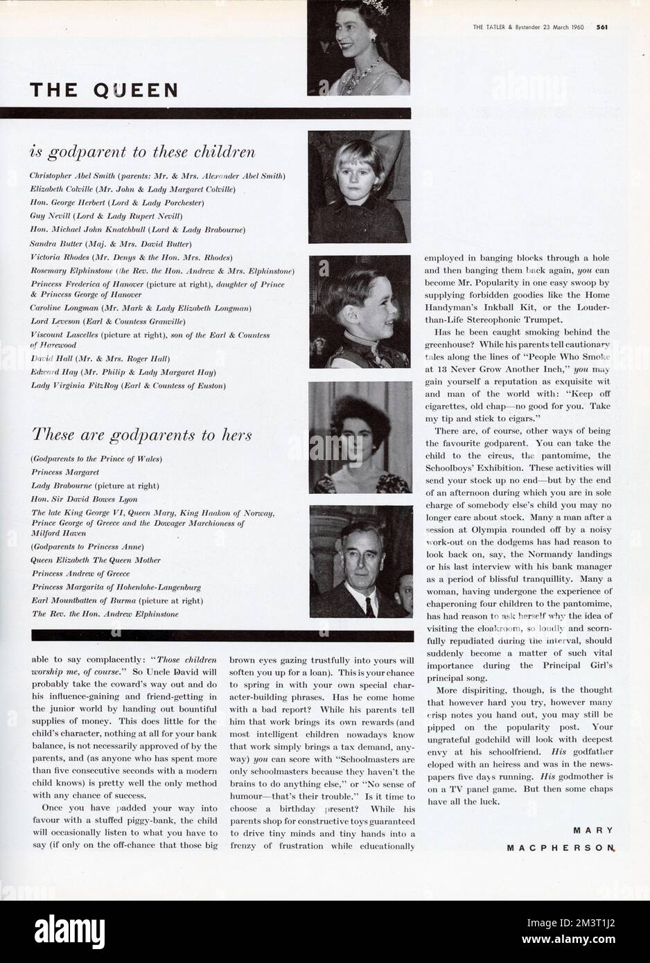 Page from The Tatler reporting on the godparents to the Queen's children, Prince Charles and Princess Anne, as well as the children to whom the Queen has been godmother too including Princess Frederica of Hanover and Viscount Lascelles. There are also photographs of Lady (Patricia) Brabourne, nee Mountbatten, godmother to Prince Charles, and Lord Mountbatten, godfather to Princess Anne. Stock Photo