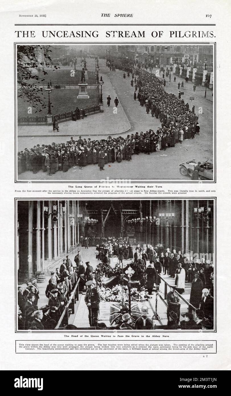 Two photographs showing the Unknown Warrior??s coffin which were the remains of a British service personnel who was killed in World War One, laid to rest in Westminster Abbey, London. Once the ceremony was finished, more than 40,000 pilgrims came from all over the country, to pay their respects, for three days people who had lost their sons, brothers or fathers in WWI queued outside. When Westminster Abbey closed the doors, thousands of people laid wreaths and flowers at Cenotaph monument, two narrow lines were formed going back to Trafalgar Square.     Date: 1920 Stock Photo