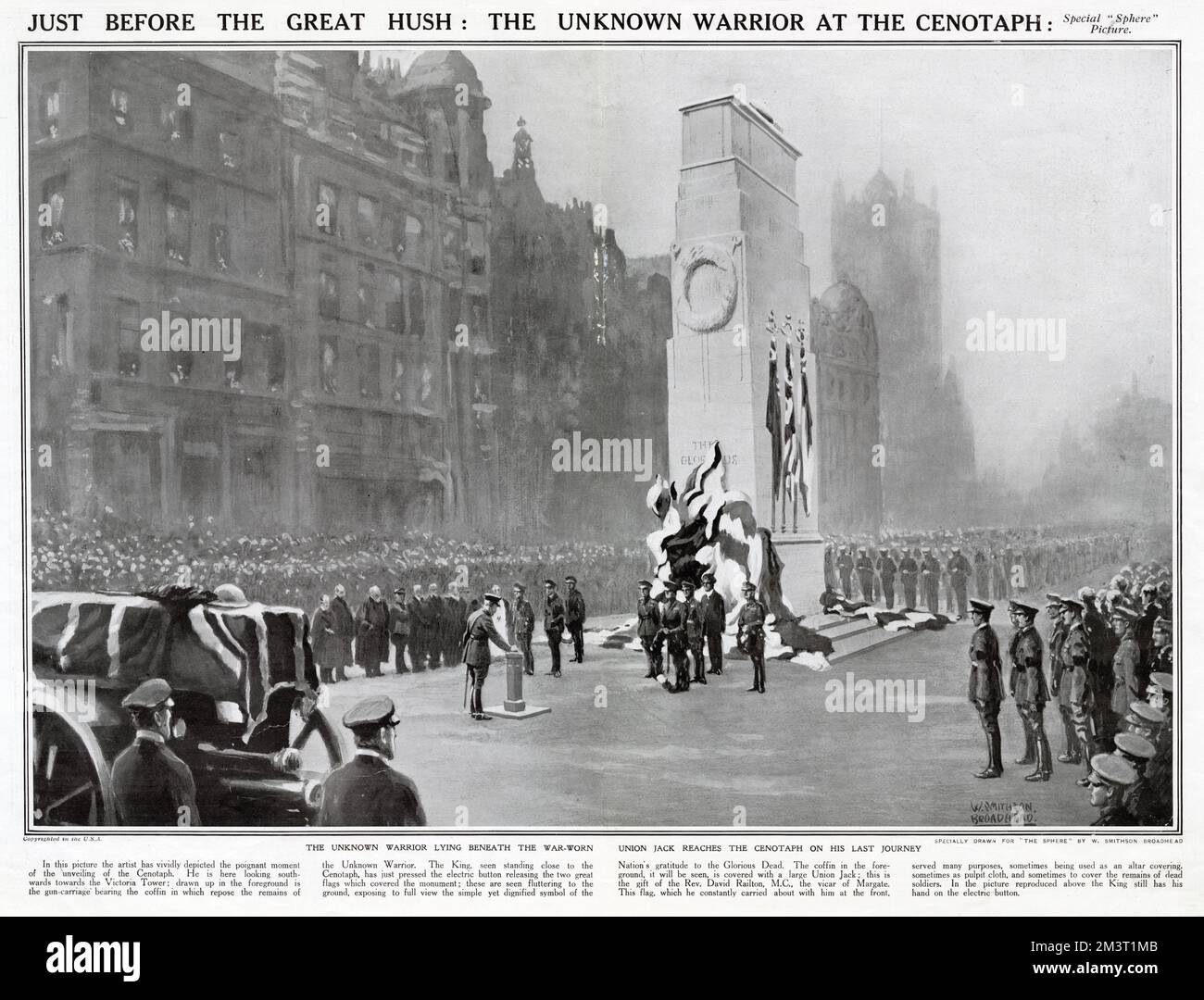 George V seen standing close to the newly rebuilt Cenotaph in Whitehall, London at 11 oclock. As Big Ben begins to chime, the king presses the electric button releasing the two Union Jacks which covered the monument, the flags fall to the ground, revealing the War Memorial. The chimes die away, everyone fell silent for two minutes. In the foreground is the gun-carriage bearing the remains of the Unknown Warrior before the coffin goes to Westminster Abbey, London to be buried.  11th November 1920 Stock Photo
