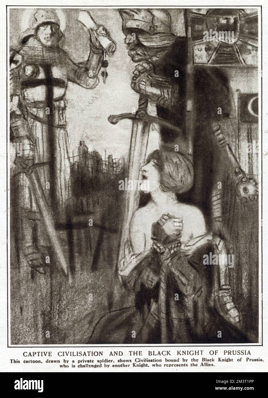 WW1 - Allegory - Captive Civilisation and the Black Knight of Prussia. The personification of Civilisation is bound by the Black Knight know is being challeneged by another knight, representing the Allies. Artwork by Walter David Jones CH, CBE (David Jones) (18951974)     Date: 1918 Stock Photo