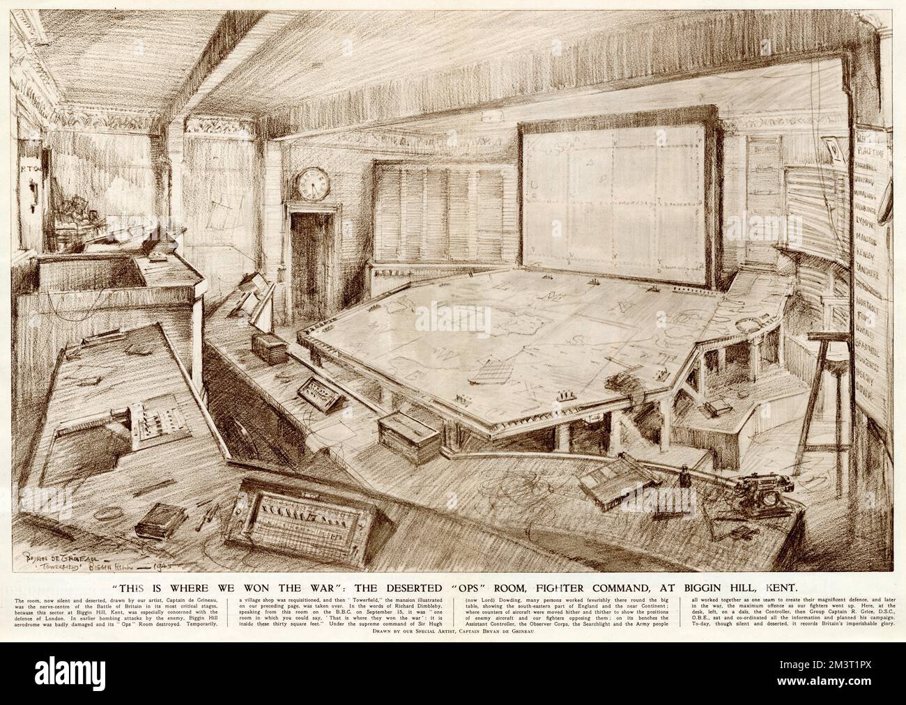 Sketch by Captain Bryan de Grineau of the deserted operations room at Biggin Hill in September 1945.      Date: 1945 Stock Photo