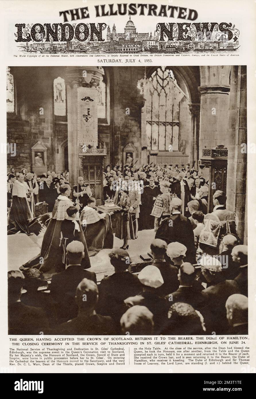 Queen Elizabeth II accepts the 'Honours of Scotland' (the Scottish Crown Jewels) at the National Service of Thanksgiving and Dedication at St Giles' Cathedral, Edinburgh, June 24, 1953. She returns the Crown of Scotland to the Duke of Hamilton. Stock Photo