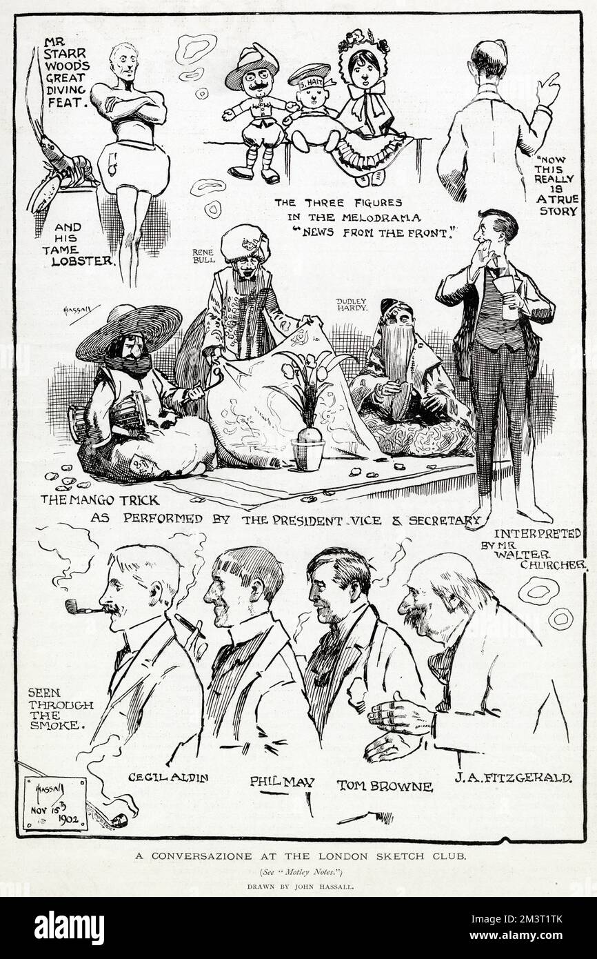 Scenes from a smoking conversazione at the London Sketch Club in which members would do 'a turn'. Pictured by John Hassall is Cecil Aldin, Phil May, and Tom Browne all smoking enthusiastically - Aldin with his favoured pipe, May with his ubiquitous cigar. Starr Wood performs with a tame lobster, and Hassall himself takes part in disguise in the mango trick alongside friends Rene Bull and Dudley Hardy, interpreted by Walter Churcher. Stock Photo