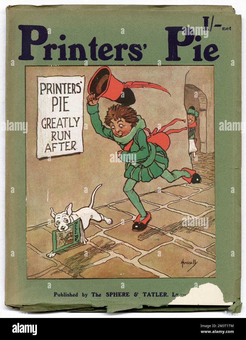 Front cover of Printers' Pie magazine for 1911, illustrated by John Hassall and featuring one of his typical medieval characters chasing after a dog. Printers' Pie was published by The Sphere and Tatler in aid of printers' charities and edited by W. Hugh Spottiswoode. A sister publication, Winter's Pie, was published each Christmas. Both magazines carried contributions from the leading artists and humorous writers of the day including John Hassall (who designed the covers), William Heath Robinson, Lawson Wood and Walter Emanuel. Stock Photo