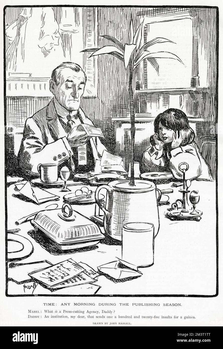 A writer (or illustrator) sits at the breakfast table going through the cuttings sent to him by a press agency.   Mabel: What IS a press cutting agency, daddy?  Daddy: An institution, my dear, that sends one a hundred and twenty-five insults for a guinea. Stock Photo