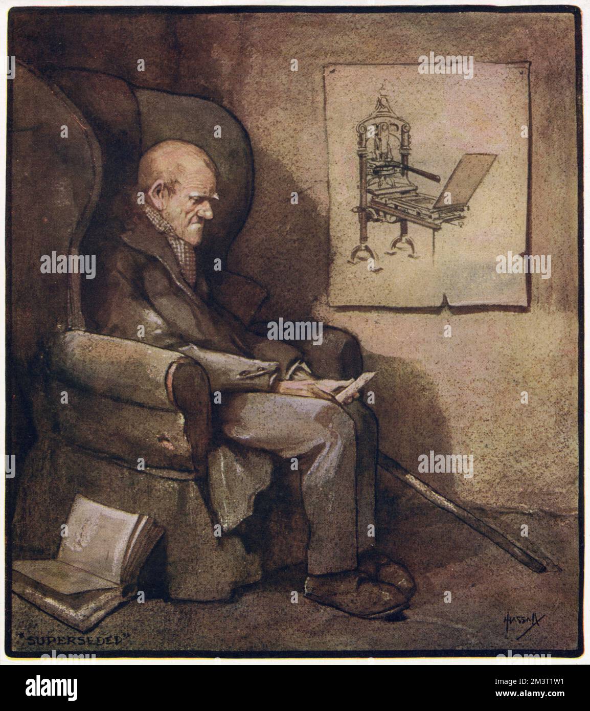 An old printer sits in an armchair contemplating the fact that modernisation has made him redundant. An appropriate illustration for Printers' Pie which was a charitable magazine published by The Sphere and Tatler in aid of printers' charities. Stock Photo