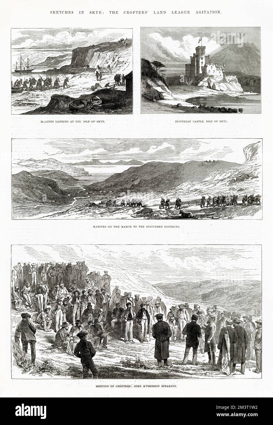 Page from The Illustrated London News reporting on the agitation from the Crofters' Land League Association on the Isle of Skye. Pictures show Marines landing at Uig, Dunvegan Castle, Marines on the march to the disturbed areas and John M'Pherson speaking at a meeting of the crofters. Stock Photo
