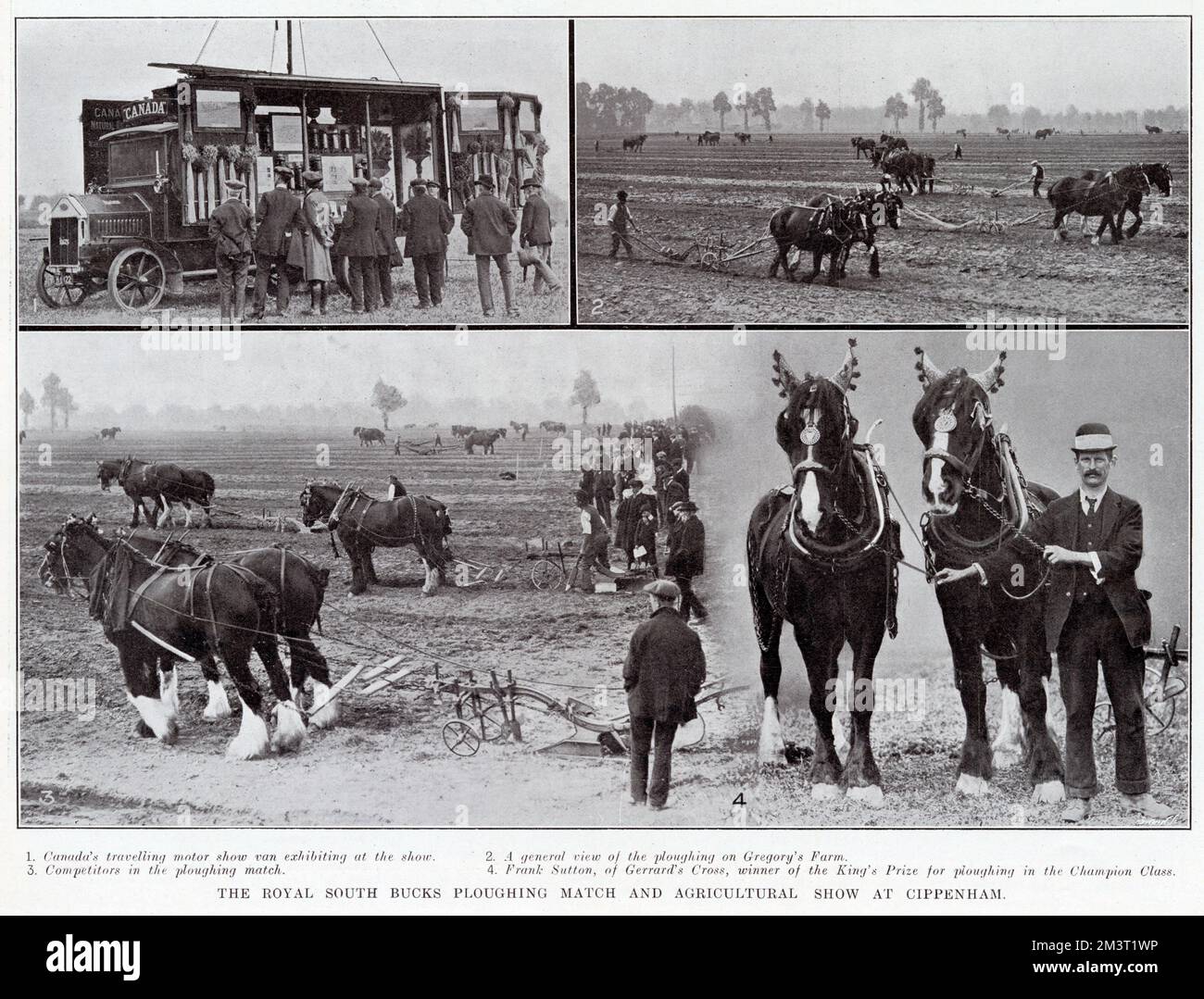 The Royal South Bucks ploughing match and agricultural show at Cippenham, 1913. 1. Canada's travelling motor show van exhibiting; 2. General view of the ploughing on Gregory's Farm; 3. Competitors in the ploughing match; 4. Frank Sutton, of Gerrard's Cross, winner of the King's Prize for ploughing in the Champion Class. Stock Photo
