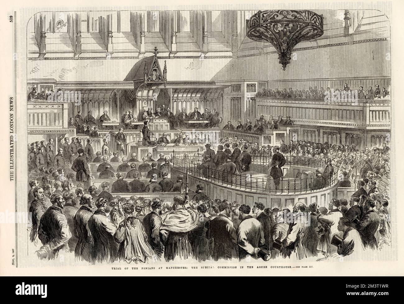 Trial of the Fenians at Manchester: the Special Commission in the Assize courthouse. Fenian prisoners - W. O'Meara Allen, Michael Larkin, William Gould, Thomas Maguire and Edward Shore - charged with the murder of Police Sergeant Brett and the attack on the police van for the purpose of rescuing Kelly and Deasey at Manchester on 18th September 1867. Stock Photo