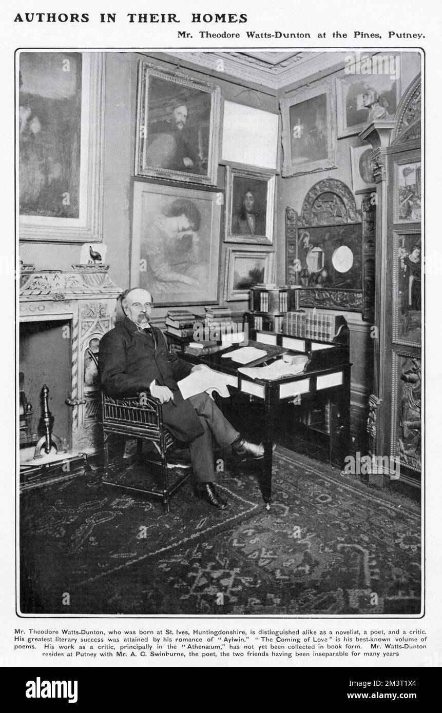 Theodore Watts-Dunton (1832 - 1914), poet, poetry critic and friend of Algernon Swinburne, pictured at his desk at his home, The Pines, Putney (which he shared with Swinburne). A friend of the Pre-Raphaelites, his walls are covered in a number of weighty looking paintings, including a Rossetti behind him. Part of a long-running series in The Tatler depicting literary figures in their homes. Stock Photo