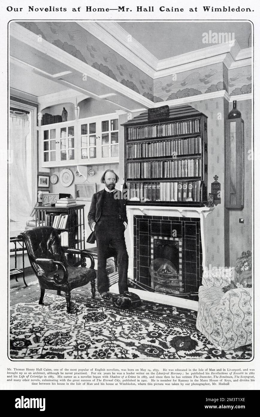 Sir Thomas Henry Hall Caine (1853 - 1931), writer, pictured in a charming Arts and Crafts room at his home in Wimbledon. Part of a series in The Tatler of photographs of literary figures at home. Stock Photo