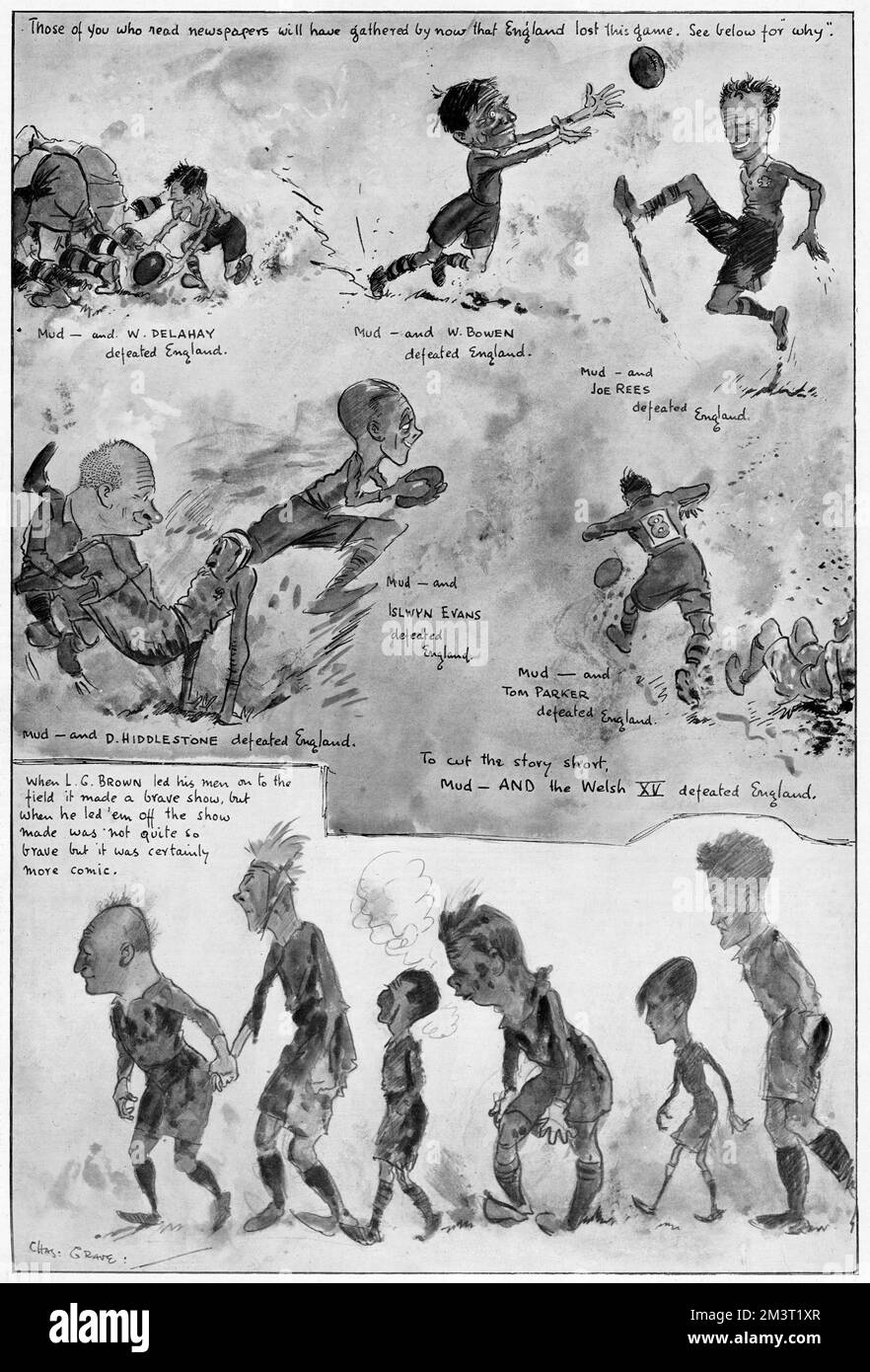 England v Wales rugby match at Cardiff Arms Park. A heavy defeat for England explained in this cartoon: 'to cut the story short, mud - AND the Welsh XV defeated England.' Stock Photo