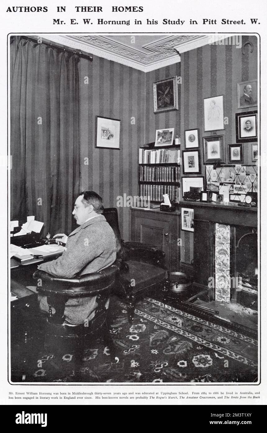 Ernest William Hornung (1866 - 1921), English writer, creator of 'Raffles', the gentleman burglar. Pictured seated at the desk in his study at his home in Pitt Street, London. Part of a long-running series in The Tatler depicting writers in their homes. Stock Photo