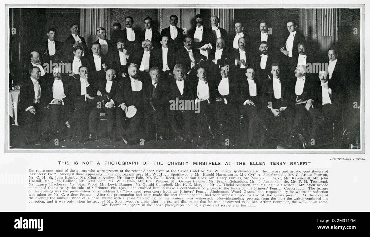 Literary and artistic contributors to the charitable magazine, Printers' Pie, lined up for a photograph during a dinner given by W. Hugh Spottiswoode at the Savoy. Among the guests can be seen John Hassall, centre back row, and two along from him on the right, Starr Wood. A young H. M. Bateman can also be seen second from left, middle row. Stock Photo