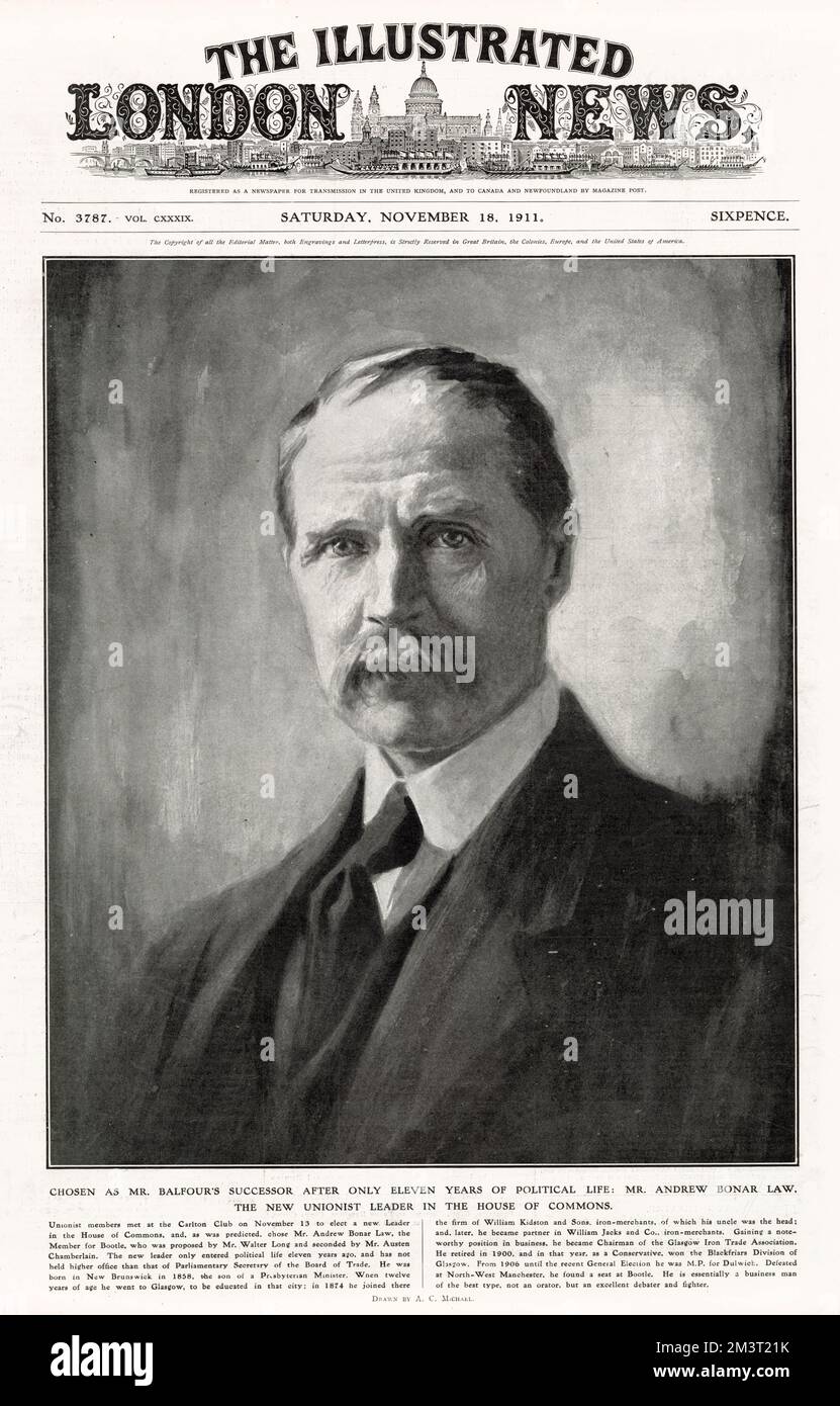 Andrew Bonar Law (1858 - 1923), British Conservative politician who served as Prime Minister of the United Kingdom from 1922 to 1923 - shown here as the 'new' Unionist leader in the House of Commons in November, 1911 taking over from Andrew Balfour. Stock Photo