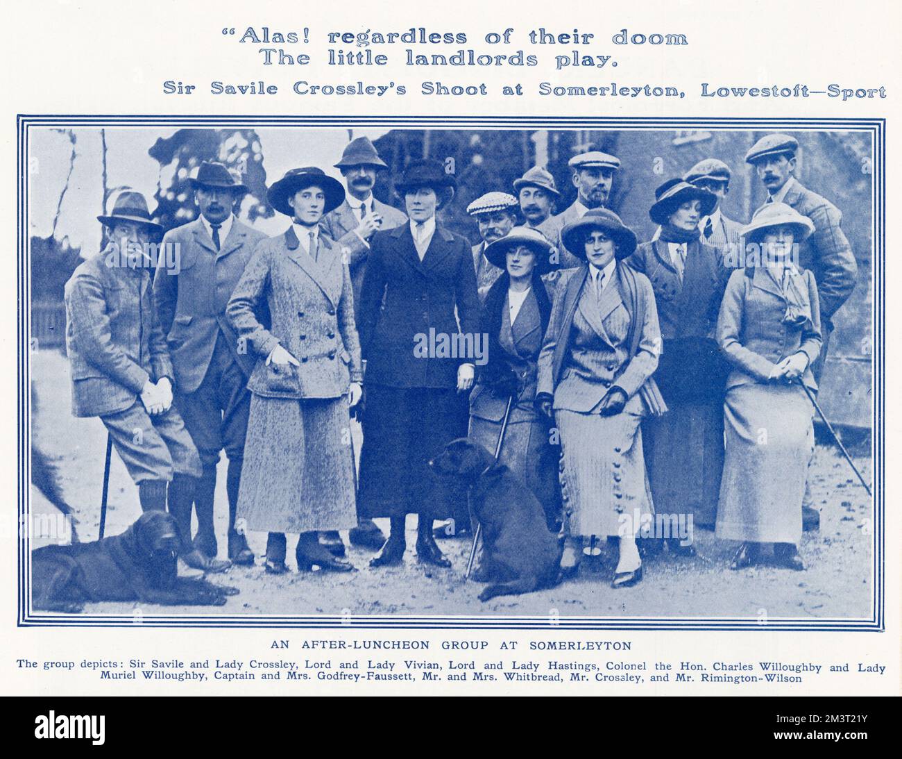 Sir Savile Crossley's Shoot at Somerleyton Hall, Lowestoft - an after-luncheon group, featuring: Sir Savile and Lady Crossley, Lord and Lady Vivian, Lord and Lady Hastings, Colonel and the Hon. Charles Willoughby and Lady Muriel Willoughby, Captain and Mrs Godfrey-Faussett, R and Mrs Whitbread, Mr Crossley and Mr Rimington-Wilson. Stock Photo