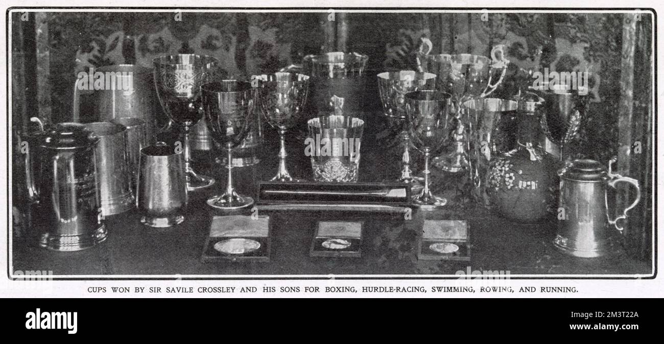 Somerleyton Hall, near Lowestoft - Cups won by Sir Savile Crossley and his sons for boxing, hurdle-racing, swimming, rowing and running. Stock Photo