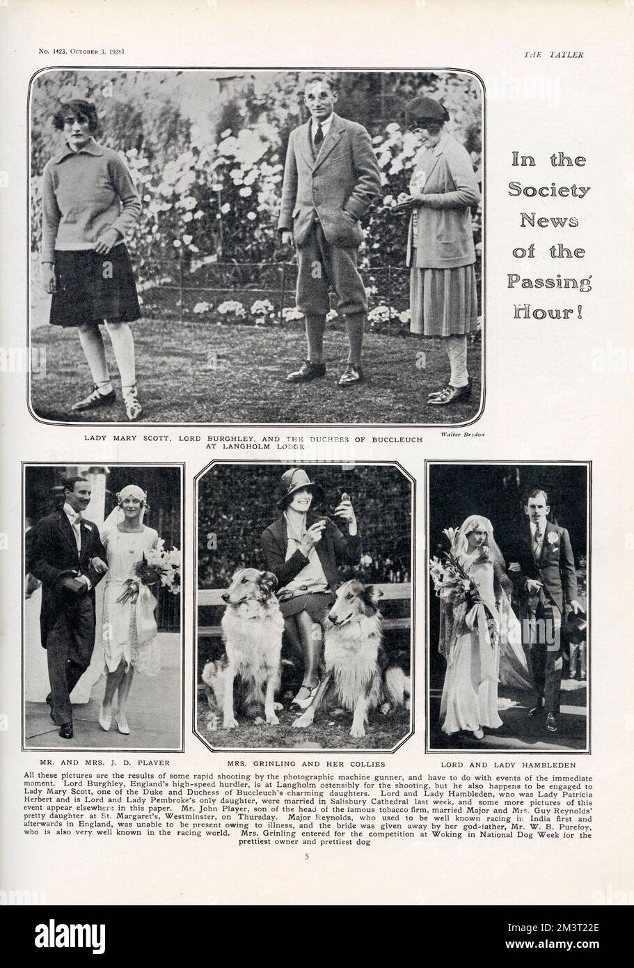 In the Society News of the Passing Hour! Lady Mary Scott and Lord Burghley (who are engaged), and the Duchess of Buccleuch at Langholm Lodge; Mr and Mrs J D Player on their wedding day; Mrs Grinling and her collies; Lord and Lady Hambleden on their wedding day. Page from The Tatler, 3rd October 1928. Stock Photo