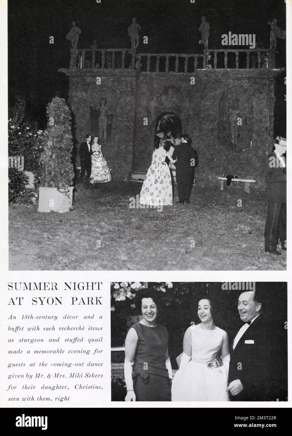 Page from The Tatler reporting on the coming out dance of Christine Sekers, daughter of Miki Sekers. The event was held at Syon Park where a 'nightclub' was created by with moss-covered castellated walls. Stock Photo