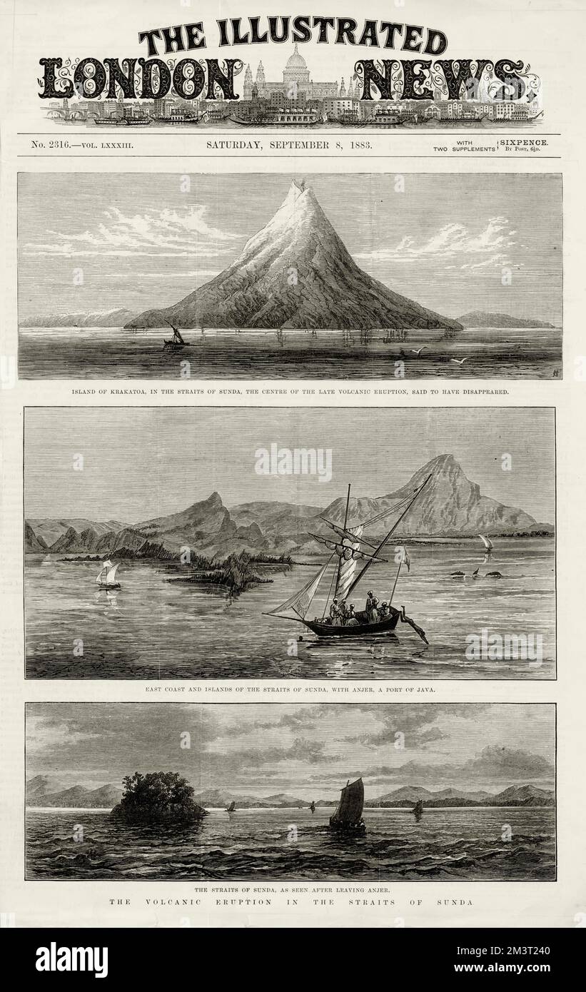 Cover of The Illustrated London News, 8th September 1883 with three pictures about the volcanic eruption of the island of Krakatoa in the Sunda Strait which began on the afternoon of Sunday, 26 August 1883 and peaked on the late morning of Monday, 27 August 1883, when over 70% of the island of Krakatoa and its surrounding archipelago were destroyed. Stock Photo