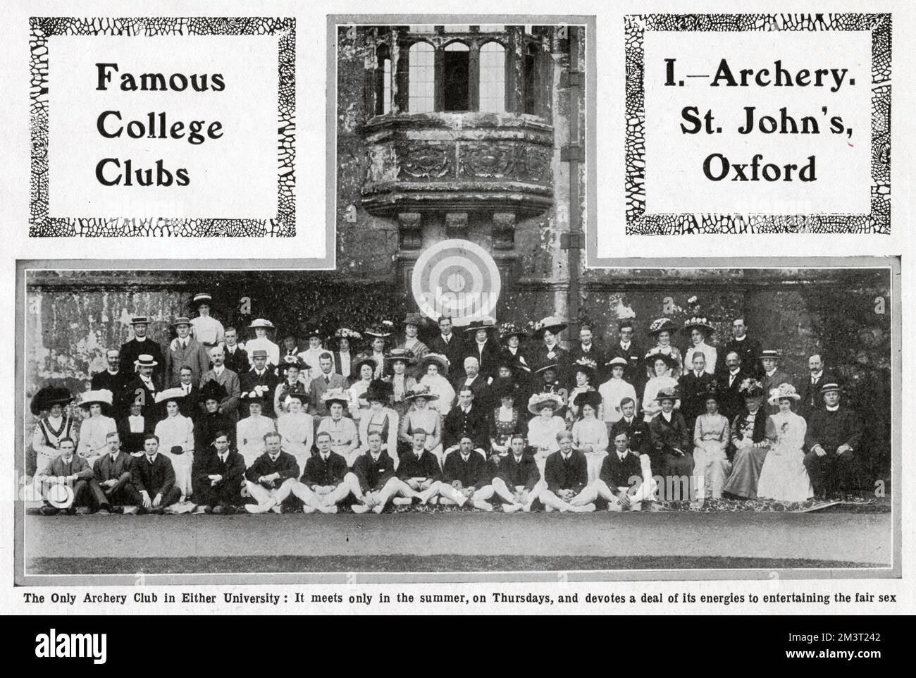 Group photograph of the male and femlae members of the Archery Club, St. John's Collge, Oxford University. The sole archery club at either of the top two English Universities at the time. Stock Photo