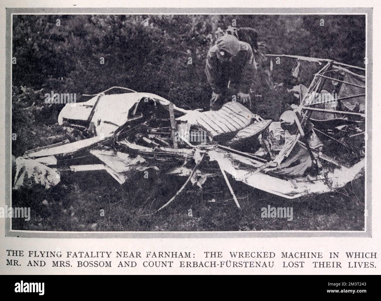 Remains of the de Havilland DH.80 Puss Moth that crashed over Farnham on 27 July 1932, killing Emily Bayne Bossom, her pilot son, Bruce Bayne Bossom, and their friend, Count Otto Erbach Furstenau. Stock Photo