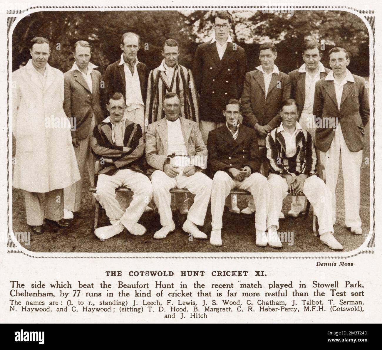 Cricket Team Photograph - The Cotswold Hunt XI which beat the Beaufort Hunt in a match at Stowell Park, Cheltenham by 77 runs. Stock Photo