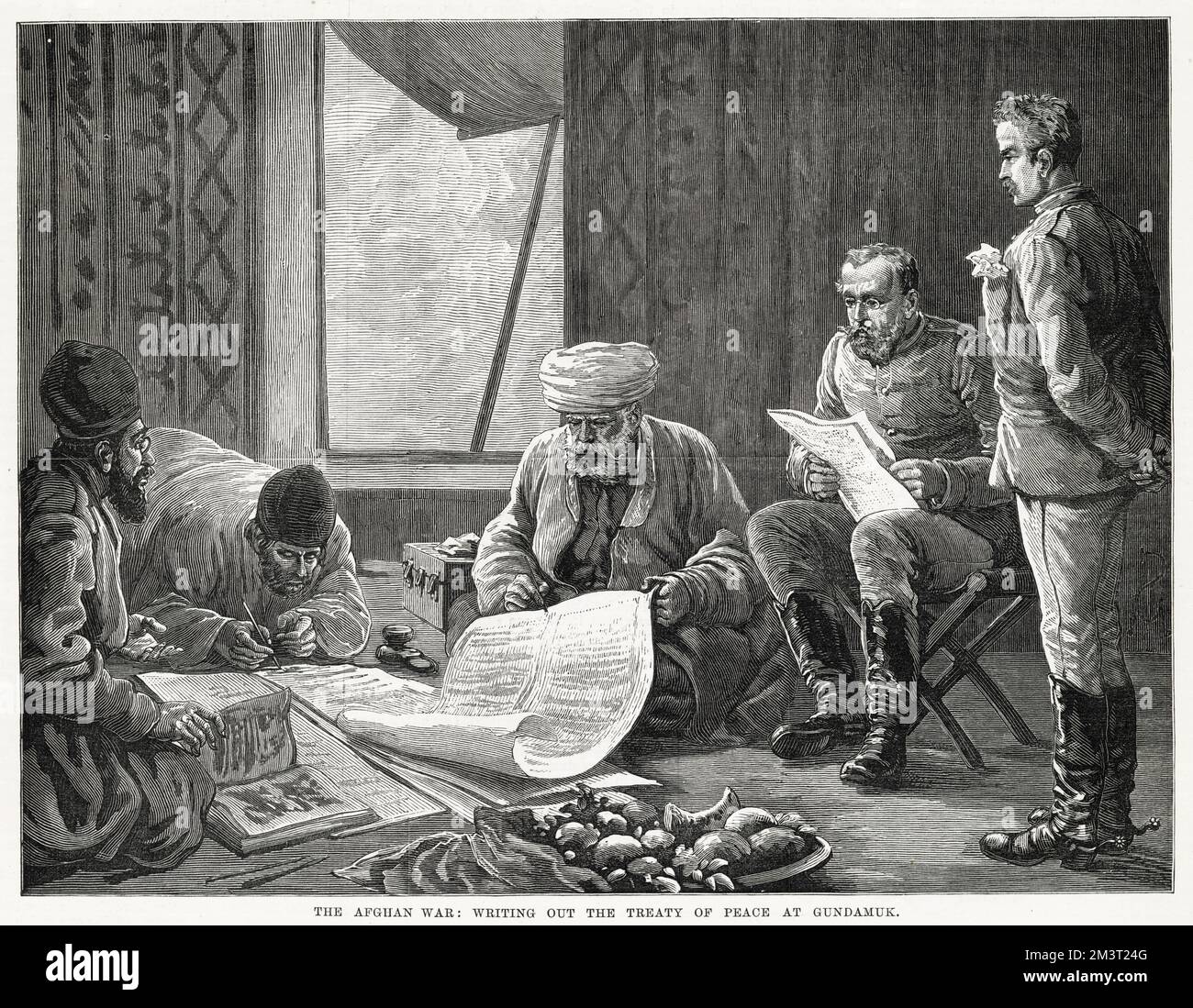 The Afghan War: writing out the treaty of peace at Gundamuk, 1879. Stock Photo