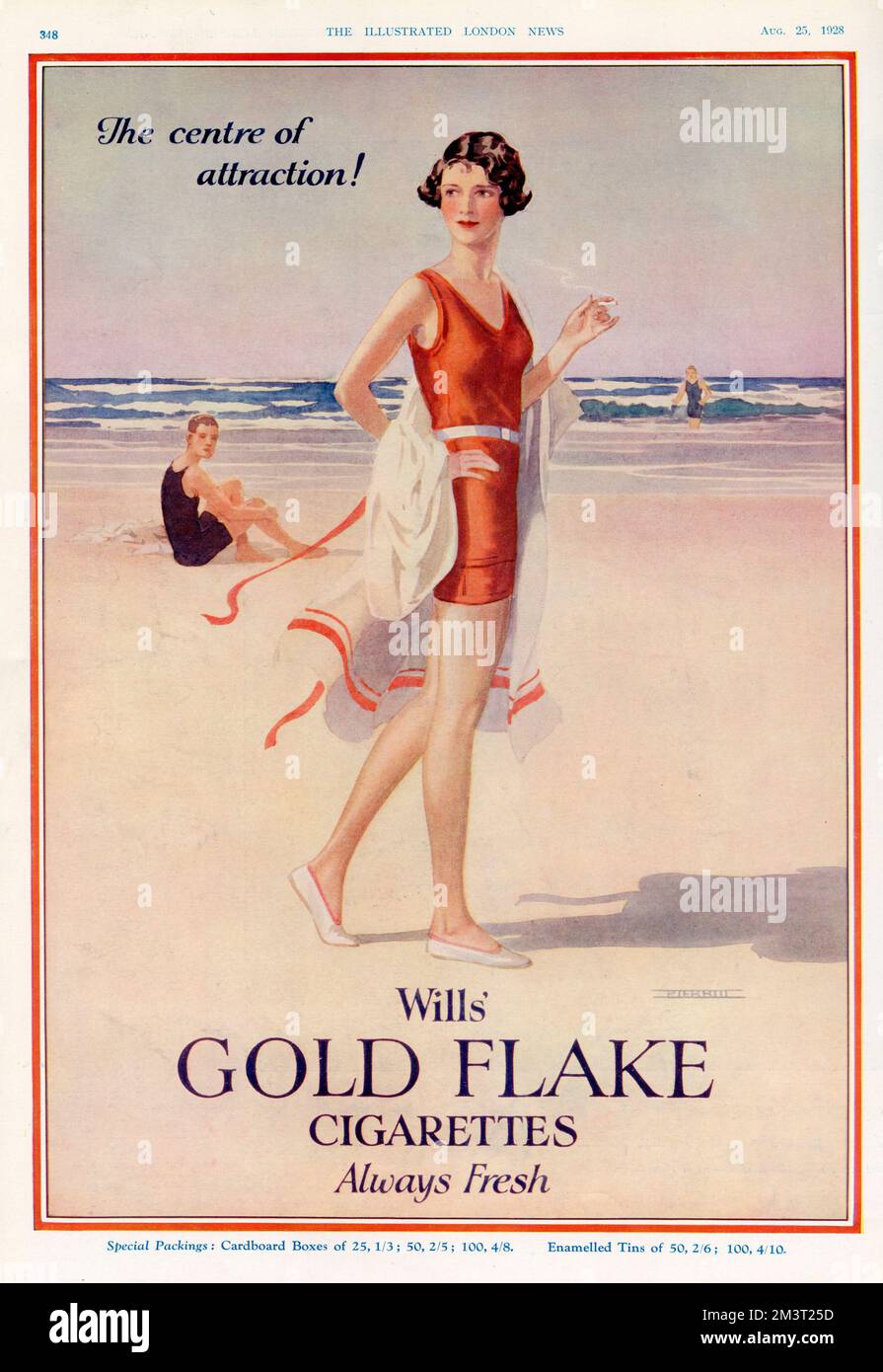 Advert for Wills' Gold Flake cigarettes, featuring a glamorous young woman smoking a cigarette on the beach in a red swimsuit, who is the centre of attraction! Stock Photo