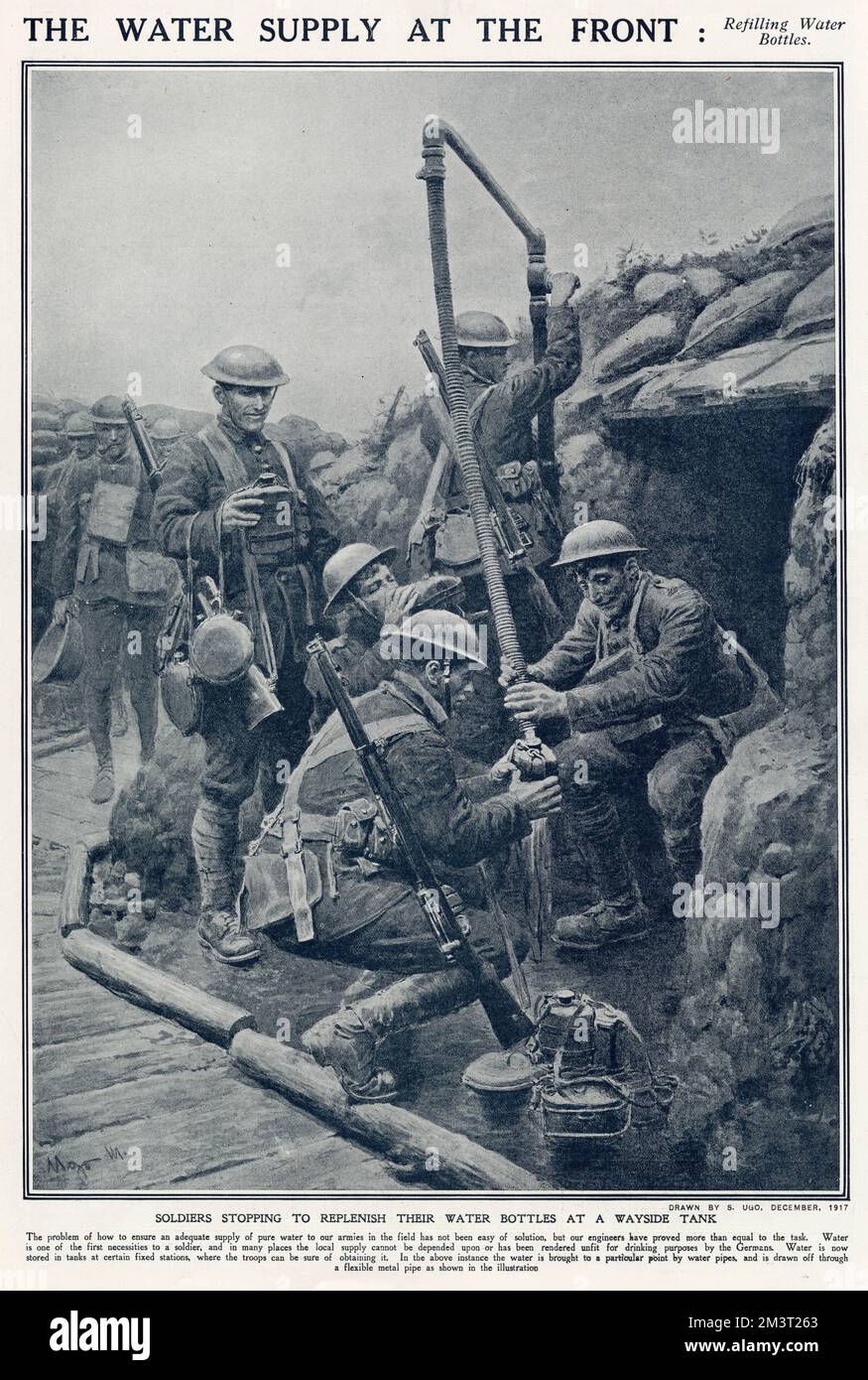 Soldiers stopping to replenish their water bottles, this could be filled at certain fixed stations brought in by flexible pipes. Stock Photo