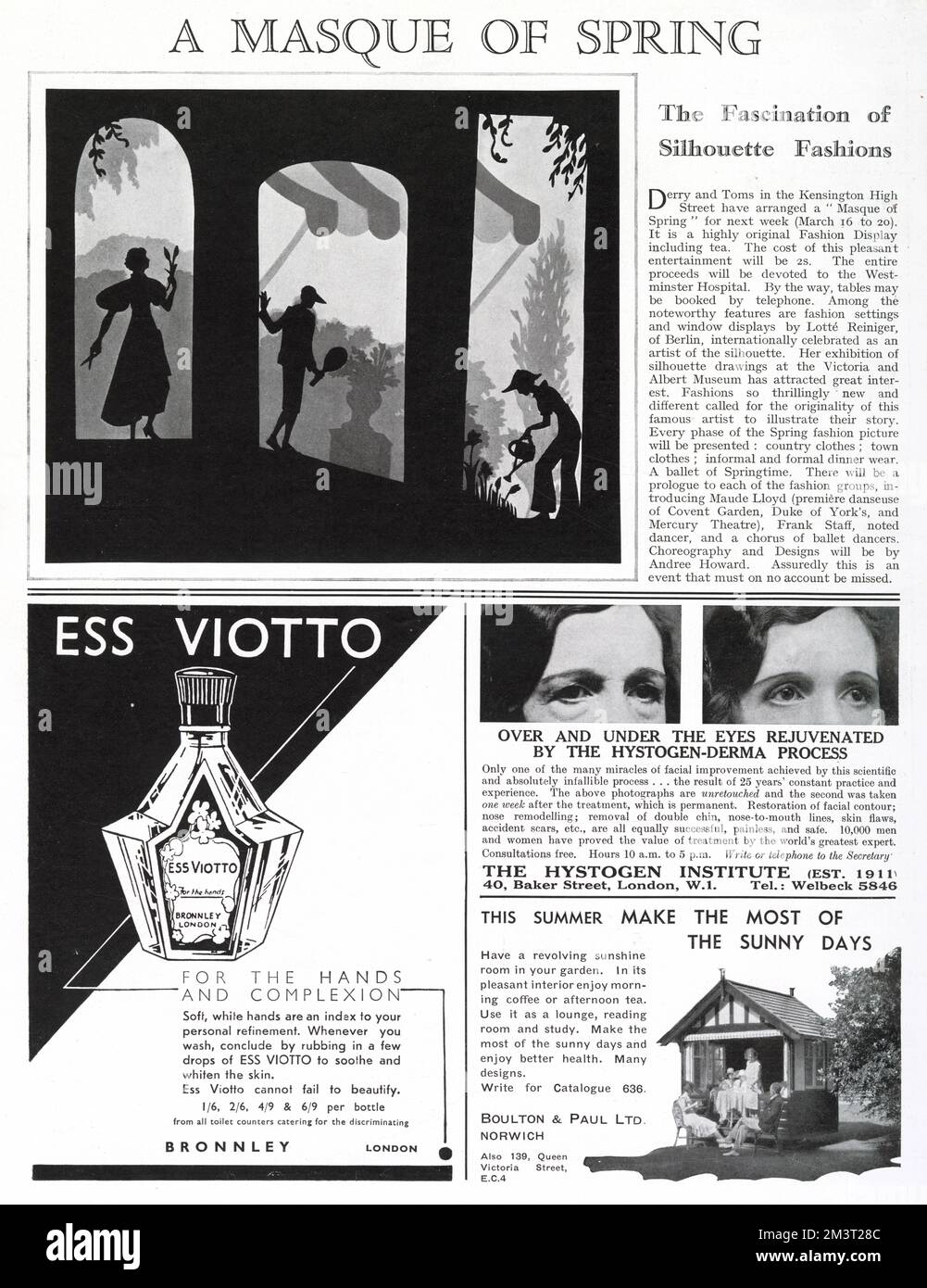 Report in The Tatler about a fashion event for spring fashions with settings and window displays by the German silhouette artist Lotte Reiniger. Stock Photo