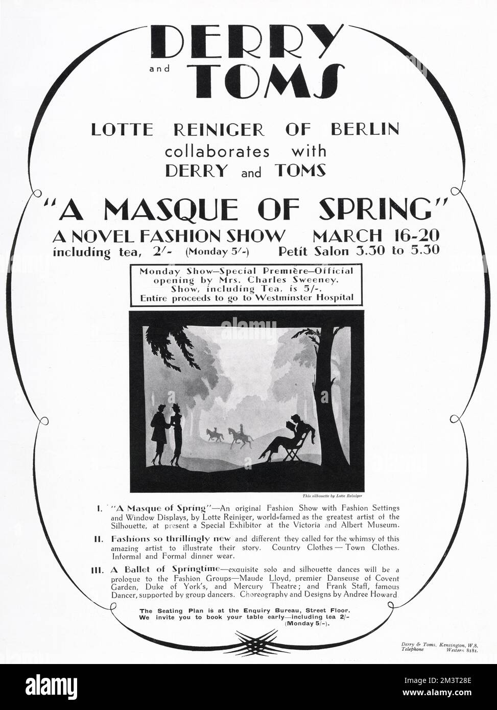 Advertisement for a spring fashion event at the London department store, Derry and Toms, with a novel attraction being the fashion settings and window displays designed by the celebrated German silhouette artist, Lotte Reiniger. Stock Photo