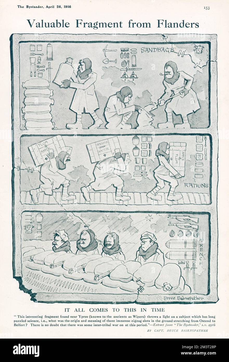 Cartoon by Bruce Bairnsfather in the style of Egyptian Hieroglyphs. Showing British soldiers making sandbags, bringing in ration supplies and ready to fight in the trenches. Stock Photo