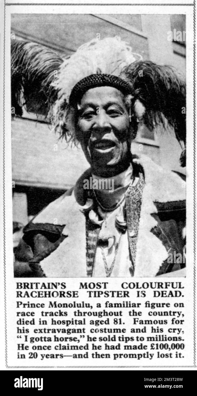 Ras Prince Monolulu (1881 – 1965), real name Peter Carl Mackay (or McKay). From the Illustrated London News, 20th February 1965: 'Britain's most colourful racehorse tipster is dead.' Stock Photo