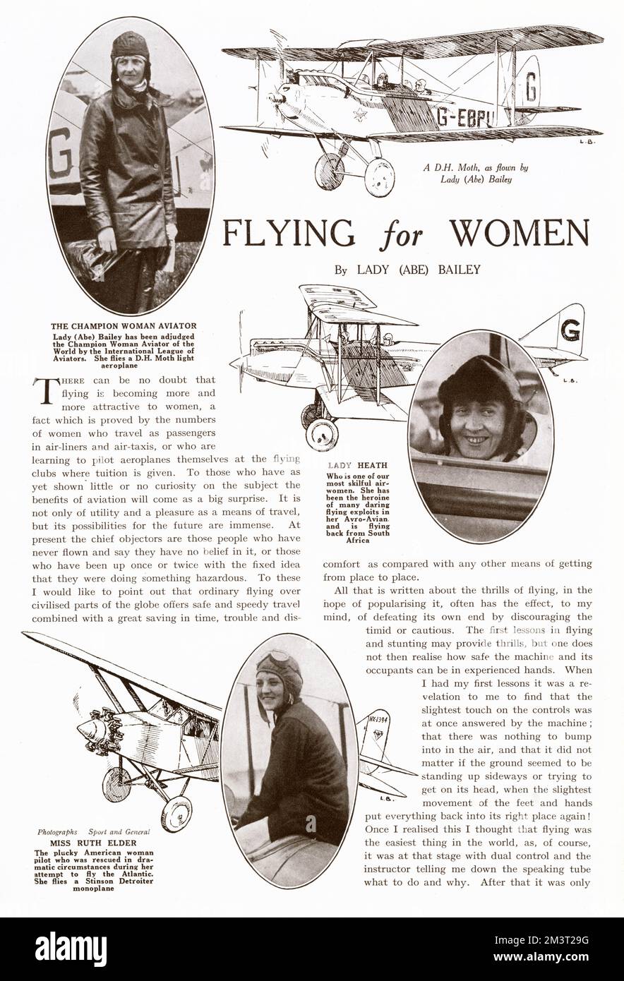 Page from The Bystander, 18th April 1928, featuring an article called Flying for Women by Lady (Abe) Bailey, who is pictured top left as the champion woman aviator who flies a D.H. Moth. Mary Bailey DBE (nee Westenra, 1890-1960, married to Sir Abraham Bailey) was an Irish aviator. Also pictured are Lady Heath and Ruth Elder. Stock Photo