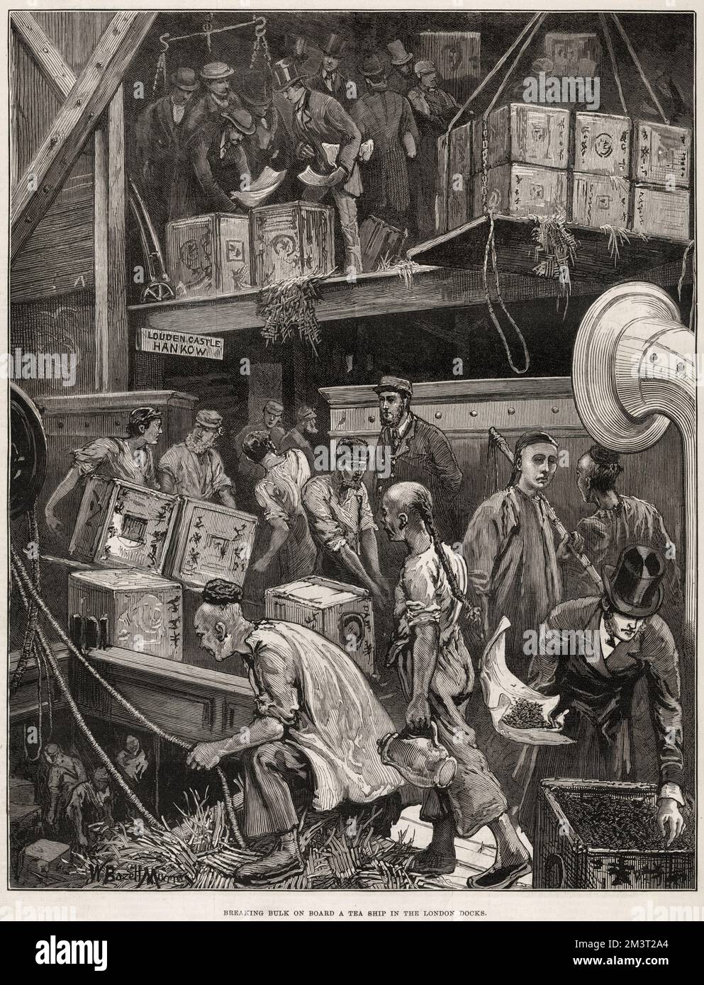 A tea ship, the Loudoun Castle (spelt 'Louden Castle' in the picture), from Hankow, China, commencing unloading ('breaking bulk'). The ship discharged from her vast hold 40,000 packages of tea. A hundred of these packages go to 'a break', while two out of each 'break' are opened for samples. These are handed to brokers' clerks who hasten with them to the City warehouses of merchants. The clerks are seen on board the ship, while Chinese sailors unload the vessel. Stock Photo