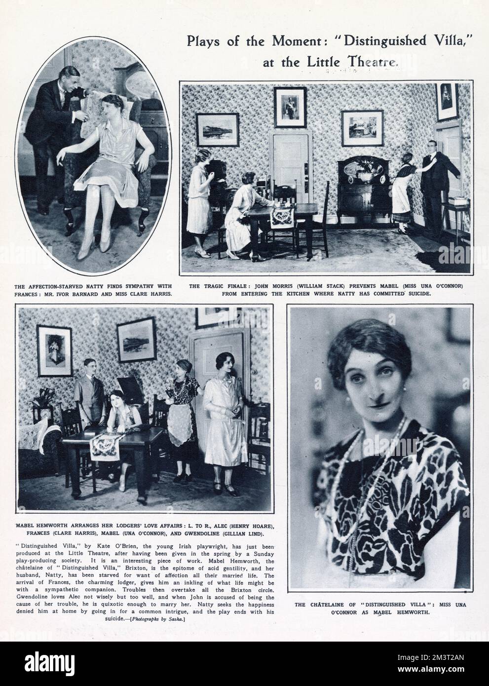 Page from The Sketch featuring photographs of scenes from the play, 'Distinguished Villa', written by Kate O'Brien and playing at the Little Theatre, starring Una O'Connor, Gillian Lind, Clare Harris and Henry Hoare. Stock Photo