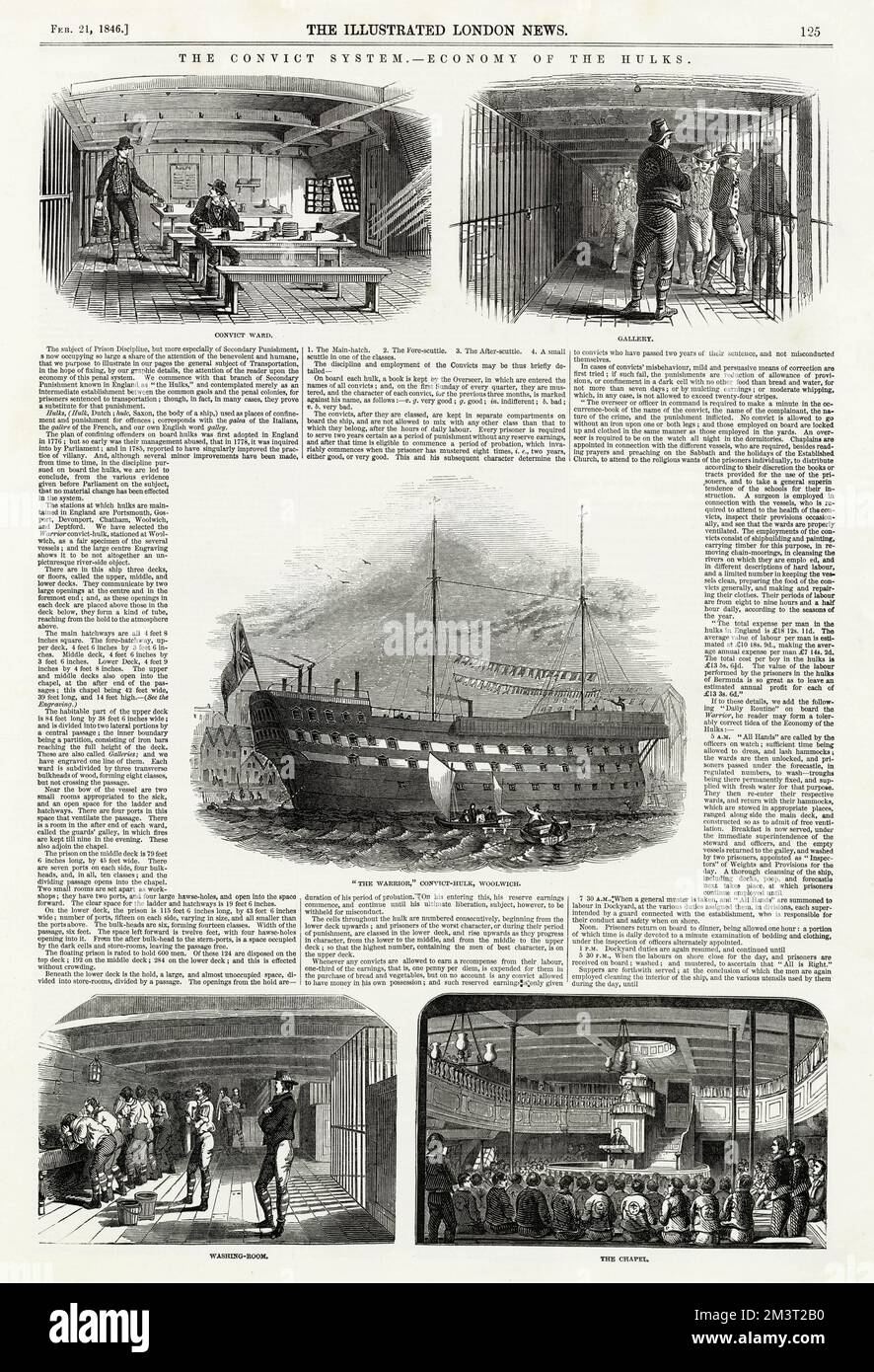 Page from The Illustrated London News reporting on the convict hulk, Warrior, docked at Woolwich. Illustrations show the ship's exterior as well as various areas inside - the convict ward, chapel, gallery and washing room. Stock Photo