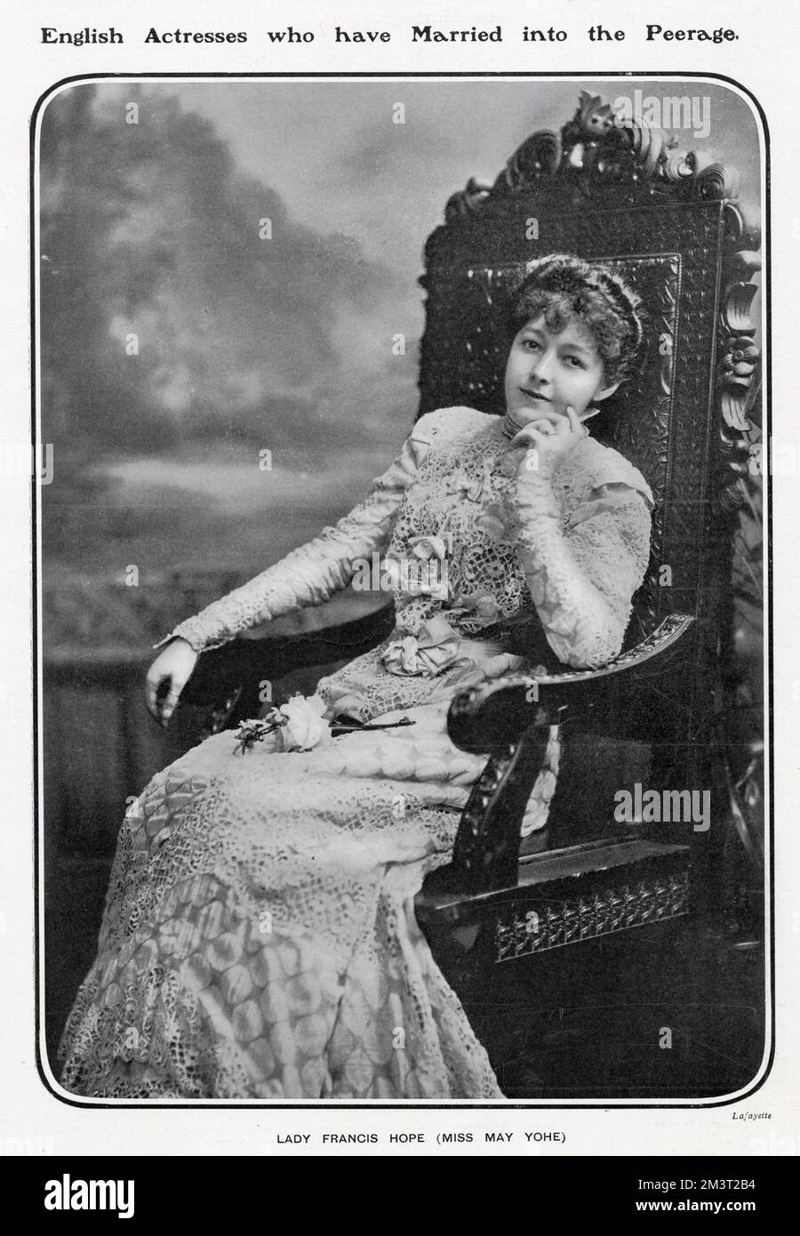 Lady Francis Hope (1866 - 1938), formerly the actress Miss May Yohe, who married Lord Francis Hope, heir to the 7th Duke of Newcastle in 1893. The pair separated in 1900 and eventually divorced but she was one of a number of actresses who married into the peerage during the late nineteenth and early twentieth centuries. Stock Photo