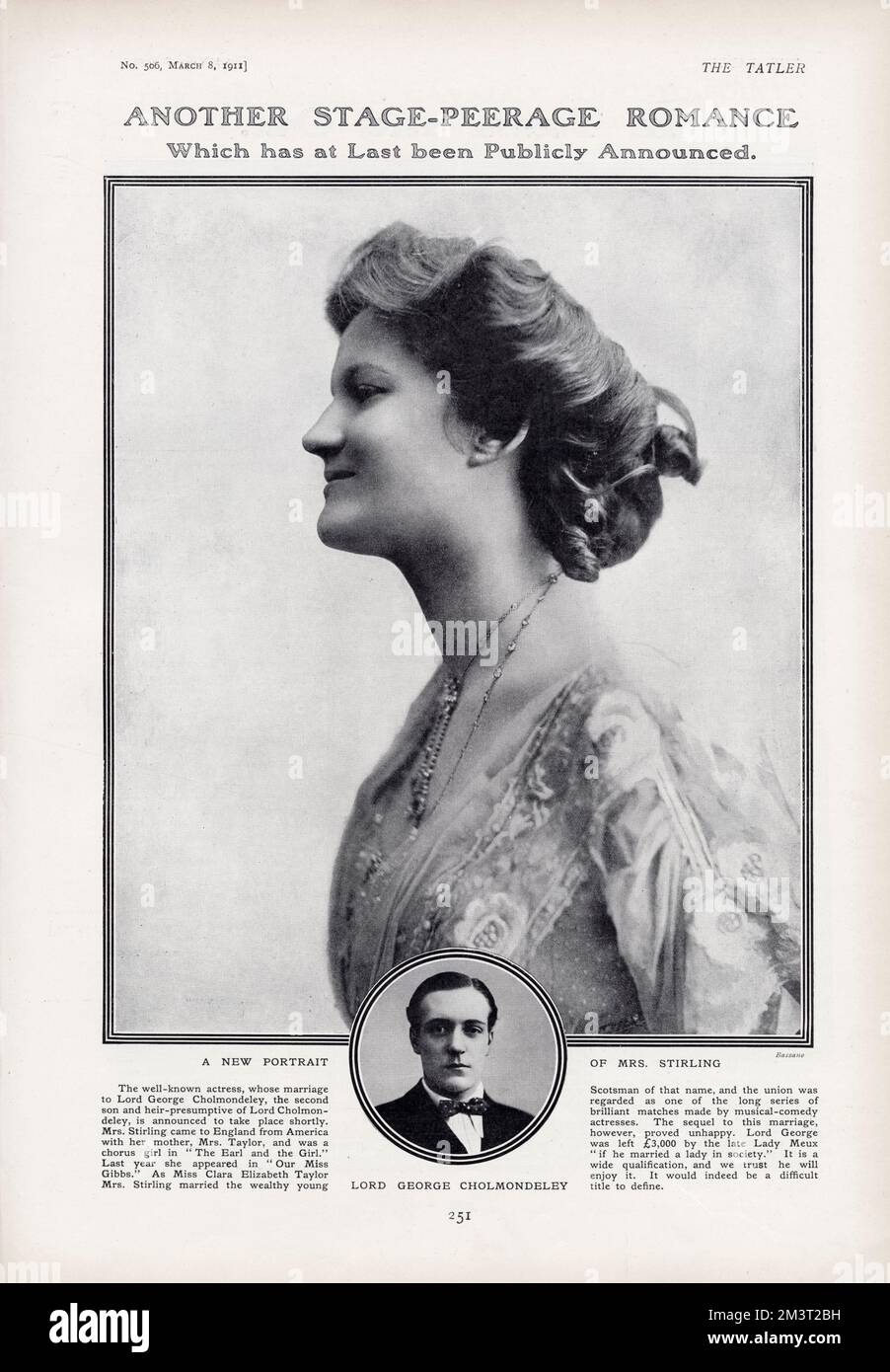 Page from The Tatler reporting on the marriage of Mrs Stirling (formerly Clare Elizabeth Taylor) of the Gaiety Theatre and Lord George Cholmondeley, second son of the Marquess of Cholmondeley. An American divorcee, Clara was a well-known actress at George Edwardes' famous Gaiety Theatre. George had been left a legacy of £3000 by Lady Meux (herself a former actress) with the rather hypocritical stipulation that he should marry a 'lady of society'. The Cholmondeleys' marriage eventually ended in divorce. Stock Photo